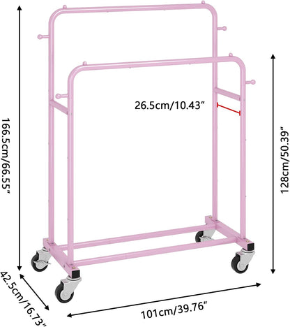 Double Rods Garment Rack with Wheels, Clothing Rack for Hanging Clothes,4 Hooks, Multi-Functional Bedroom Clothes Rack, Pink