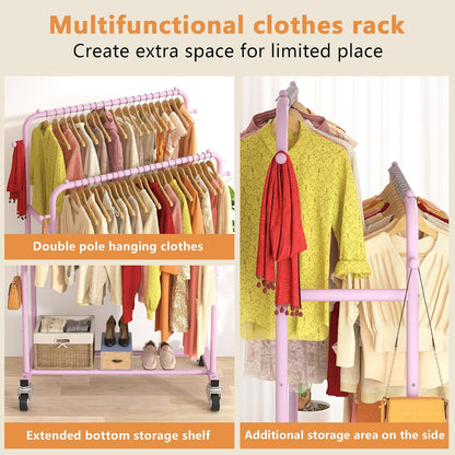 Double Rods Garment Rack with Wheels, Clothing Rack for Hanging Clothes,4 Hooks, Multi-Functional Bedroom Clothes Rack, Pink