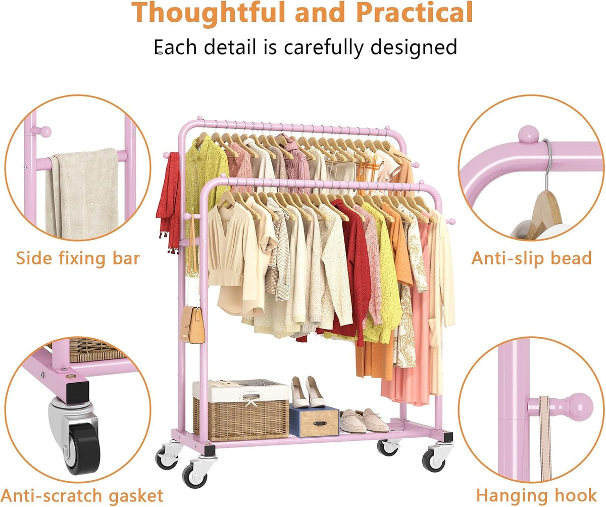 Double Rods Garment Rack with Wheels, Clothing Rack for Hanging Clothes,4 Hooks, Multi-Functional Bedroom Clothes Rack, Pink