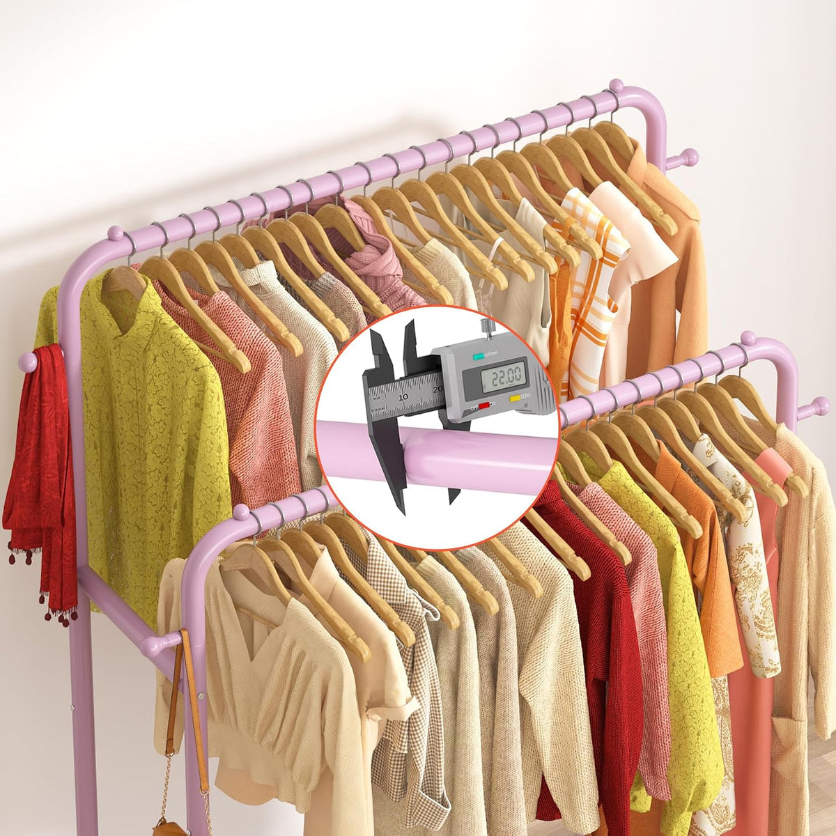 Double Rods Garment Rack with Wheels, Clothing Rack for Hanging Clothes,4 Hooks, Multi-Functional Bedroom Clothes Rack, Pink