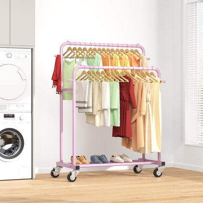 Double Rods Garment Rack with Wheels, Clothing Rack for Hanging Clothes,4 Hooks, Multi-Functional Bedroom Clothes Rack, Pink
