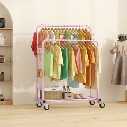 Double Rods Garment Rack with Wheels, Clothing Rack for Hanging Clothes,4 Hooks, Multi-Functional Bedroom Clothes Rack, Pink