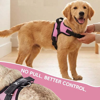 No Pull Reflective Adjustable Dog Harness with Handle- Comfortable Soft All Weather Mesh, Easy On Puppy Harness for Small Medium and Large Dogs (Pink) Small
