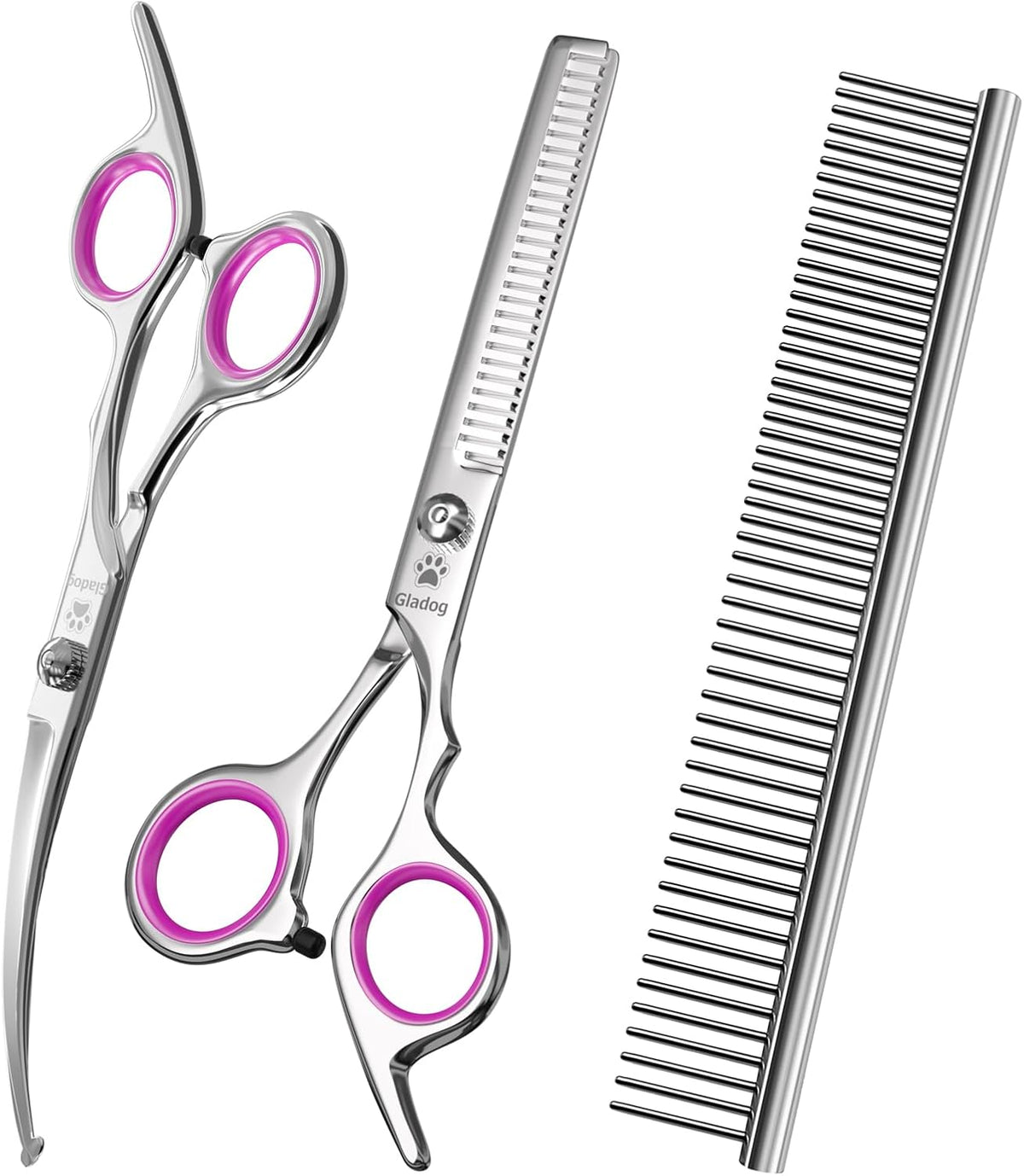 Professional 4 in 1 Dog Grooming Scissors Set with Safety Round Tips, Sharp and Heavy-duty Pet Grooming Shears for Cats (Pink)