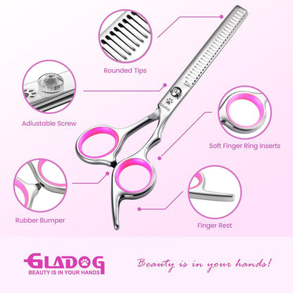 Professional 4 in 1 Dog Grooming Scissors Set with Safety Round Tips, Sharp and Heavy-duty Pet Grooming Shears for Cats (Pink)