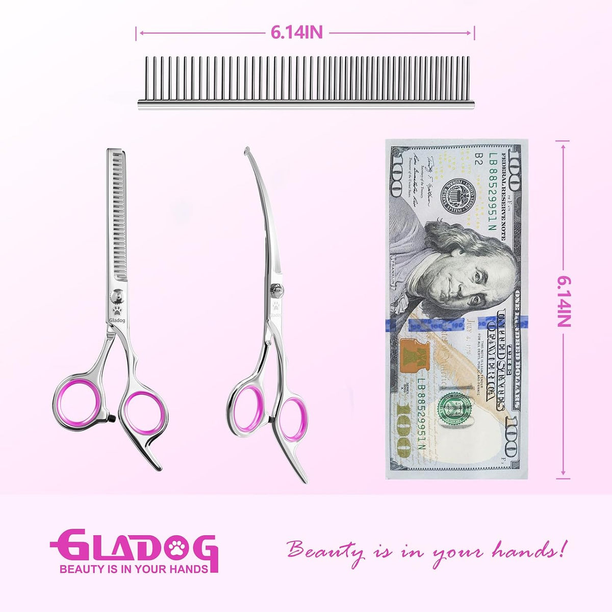 Professional 4 in 1 Dog Grooming Scissors Set with Safety Round Tips, Sharp and Heavy-duty Pet Grooming Shears for Cats (Pink)