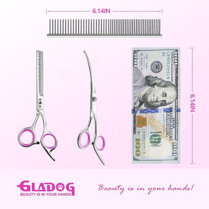 Professional 4 in 1 Dog Grooming Scissors Set with Safety Round Tips, Sharp and Heavy-duty Pet Grooming Shears for Cats (Pink)