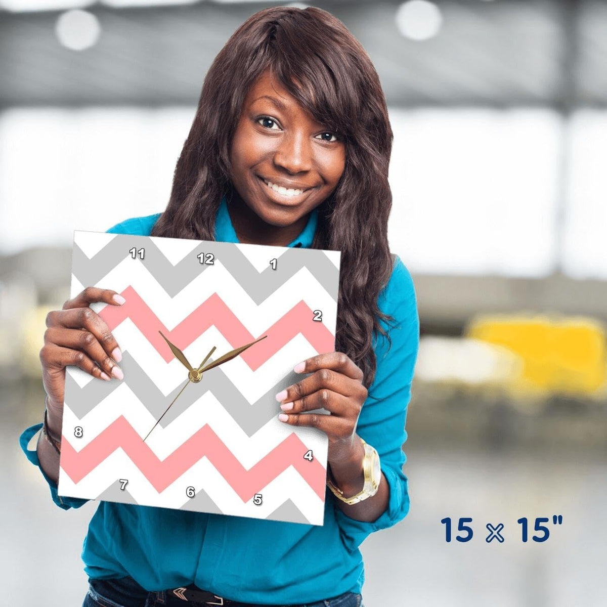 Coral & Gray Chevron Zig Zag Pattern - Orange Pink Grey Zigzags - Wall Clock, 15 by 15-Inch (DPP_179794_3)