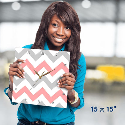 Coral & Gray Chevron Zig Zag Pattern - Orange Pink Grey Zigzags - Wall Clock, 15 by 15-Inch (DPP_179794_3)
