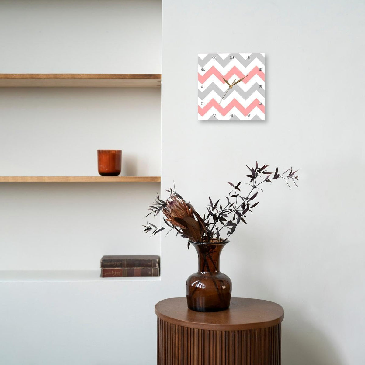 Coral & Gray Chevron Zig Zag Pattern - Orange Pink Grey Zigzags - Wall Clock, 15 by 15-Inch (DPP_179794_3)