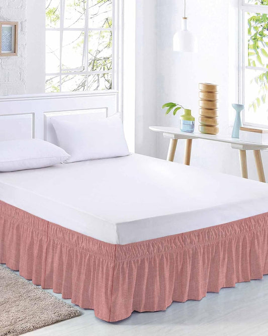 Vintage Peach Pink Bed Skirt Queen Size 16 Inch Drop, Adjustable & Elastic Wrap Around Bed Skirts Dust Ruffles for Twin Full Queen Cal King Base Bed, Farmhouse Retro Solid Color Linen Texture