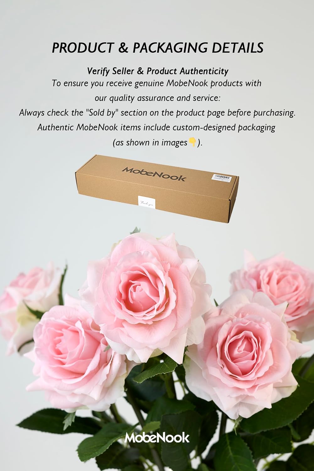 Real Touch Artificial Roses, 6 Stems Faux Flowers (Light Pink)
