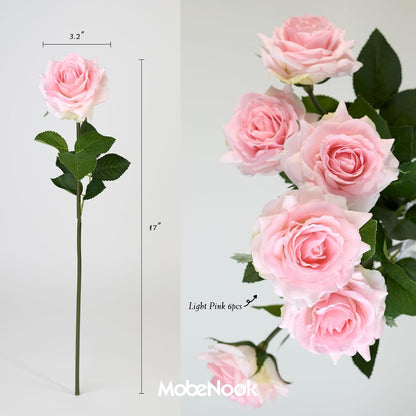Real Touch Artificial Roses, 6 Stems Faux Flowers (Light Pink)