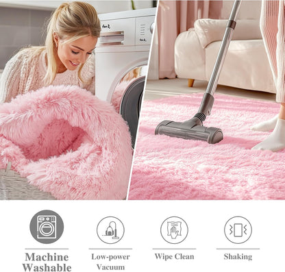 Pink Round Rugs for Bedroom - Machine Washable, 4 ft Circle Area Rugs for Living Room, Soft and Fluffy Shaggy Carpet for Teen Girls and Boys, Nursery Rooms, Dorms, Home Decor Aesthetic