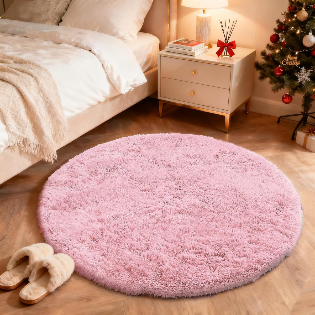 Pink Round Rugs for Bedroom - Machine Washable, 4 ft Circle Area Rugs for Living Room, Soft and Fluffy Shaggy Carpet for Teen Girls and Boys, Nursery Rooms, Dorms, Home Decor Aesthetic