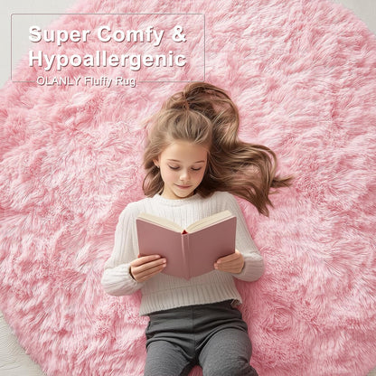 Pink Round Rugs for Bedroom - Machine Washable, 4 ft Circle Area Rugs for Living Room, Soft and Fluffy Shaggy Carpet for Teen Girls and Boys, Nursery Rooms, Dorms, Home Decor Aesthetic