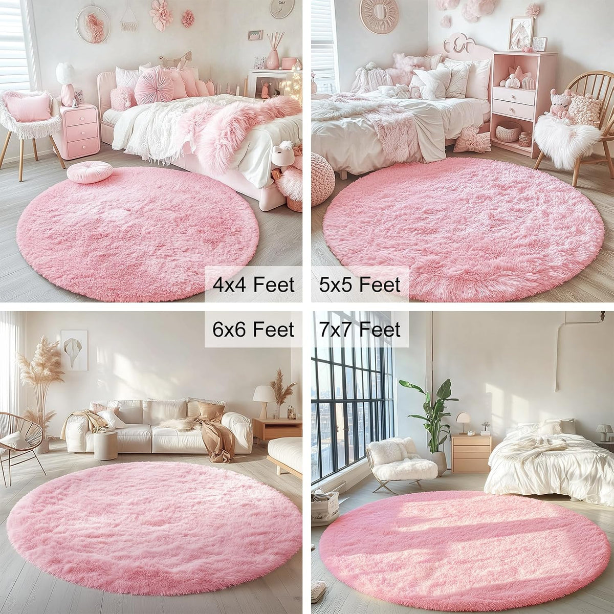 Pink Round Rugs for Bedroom - Machine Washable, 4 ft Circle Area Rugs for Living Room, Soft and Fluffy Shaggy Carpet for Teen Girls and Boys, Nursery Rooms, Dorms, Home Decor Aesthetic