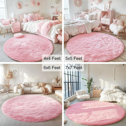 Pink Round Rugs for Bedroom - Machine Washable, 4 ft Circle Area Rugs for Living Room, Soft and Fluffy Shaggy Carpet for Teen Girls and Boys, Nursery Rooms, Dorms, Home Decor Aesthetic