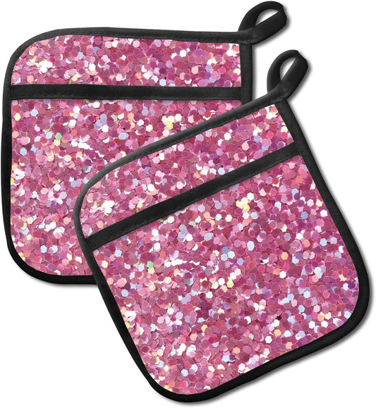 2 Pack Pot Holders for Kitchen Clearance, Cute Hot Pads, Funny Oven Pot Holders, Potholders Sets for Kitchen Heat Resistant Glitter Pink Pattern