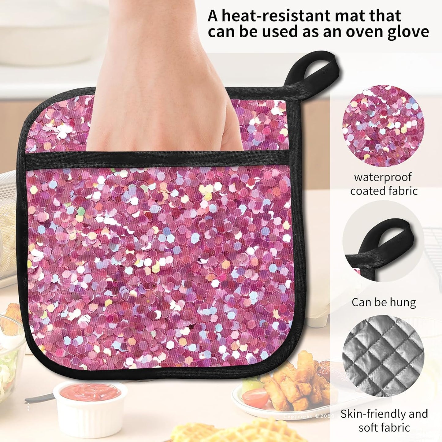 2 Pack Pot Holders for Kitchen Clearance, Cute Hot Pads, Funny Oven Pot Holders, Potholders Sets for Kitchen Heat Resistant Glitter Pink Pattern