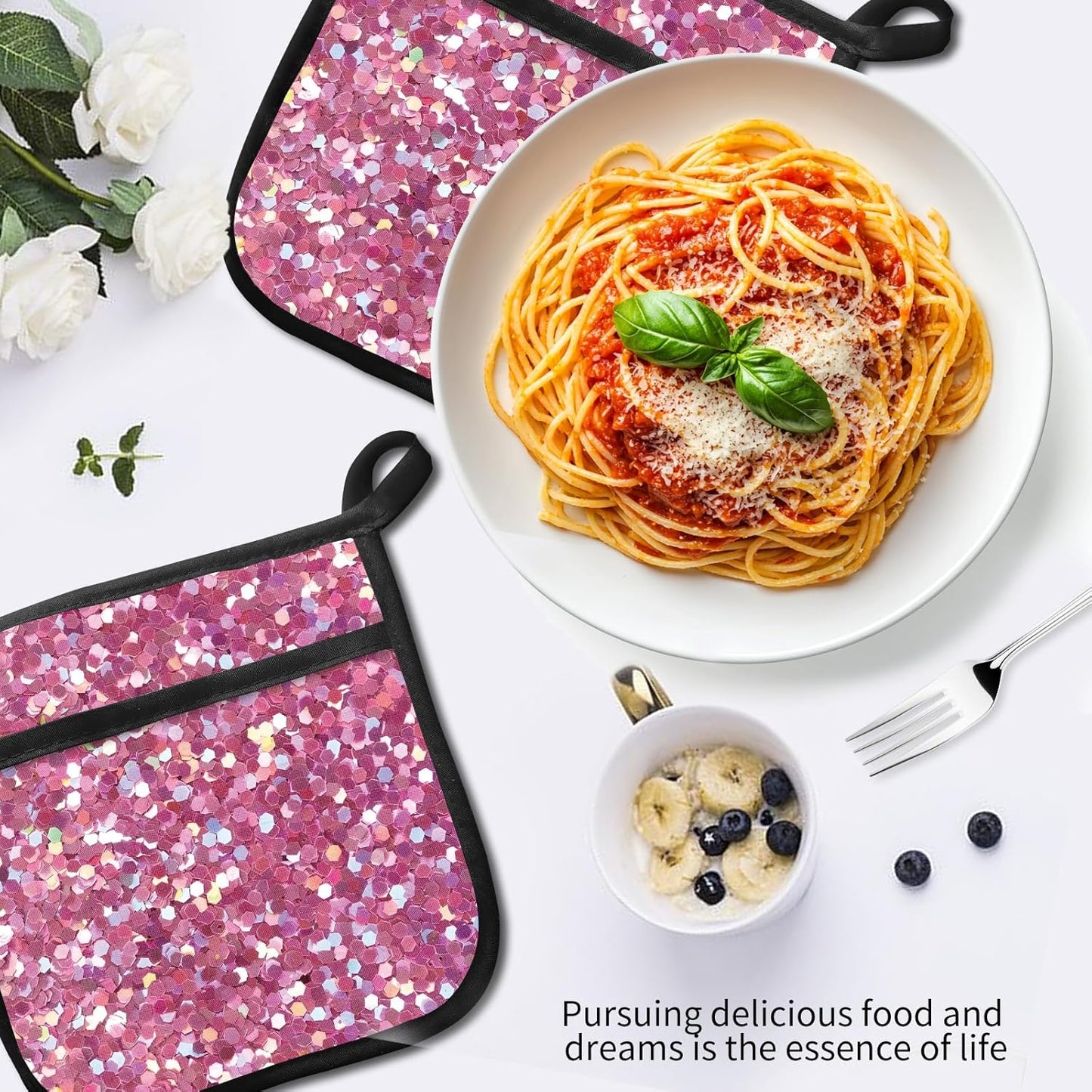 2 Pack Pot Holders for Kitchen Clearance, Cute Hot Pads, Funny Oven Pot Holders, Potholders Sets for Kitchen Heat Resistant Glitter Pink Pattern
