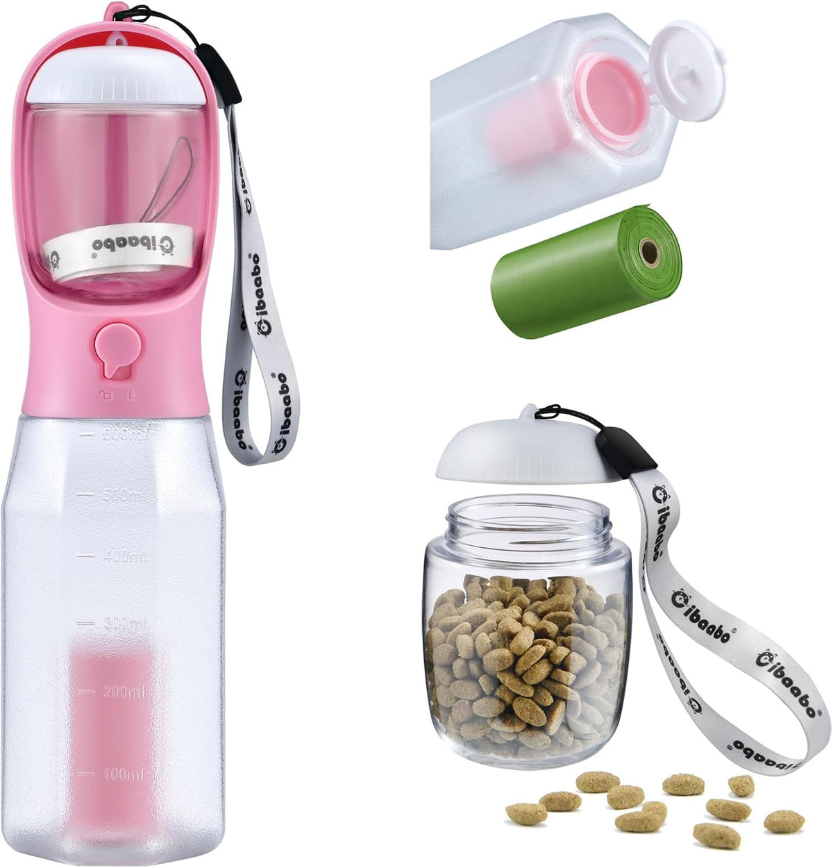 Dog Water Bottle with Food Container & Poop Bag Holder & Filter