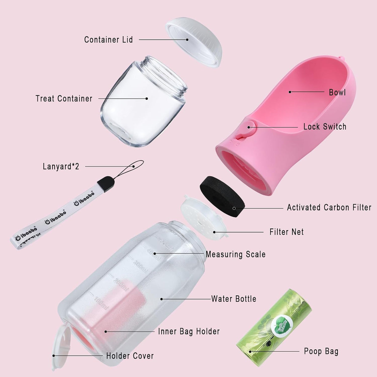 Dog Water Bottle with Food Container & Poop Bag Holder & Filter