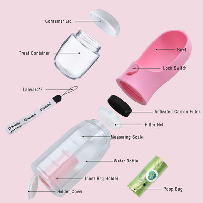 Dog Water Bottle with Food Container & Poop Bag Holder & Filter