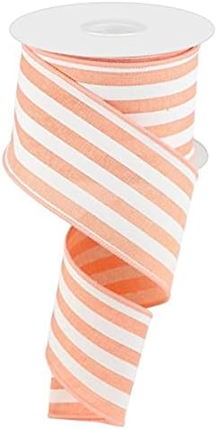 Vertical Stripe Wired Edge Ribbon - 10 Yards (Peach, White, 2.5 Inch)