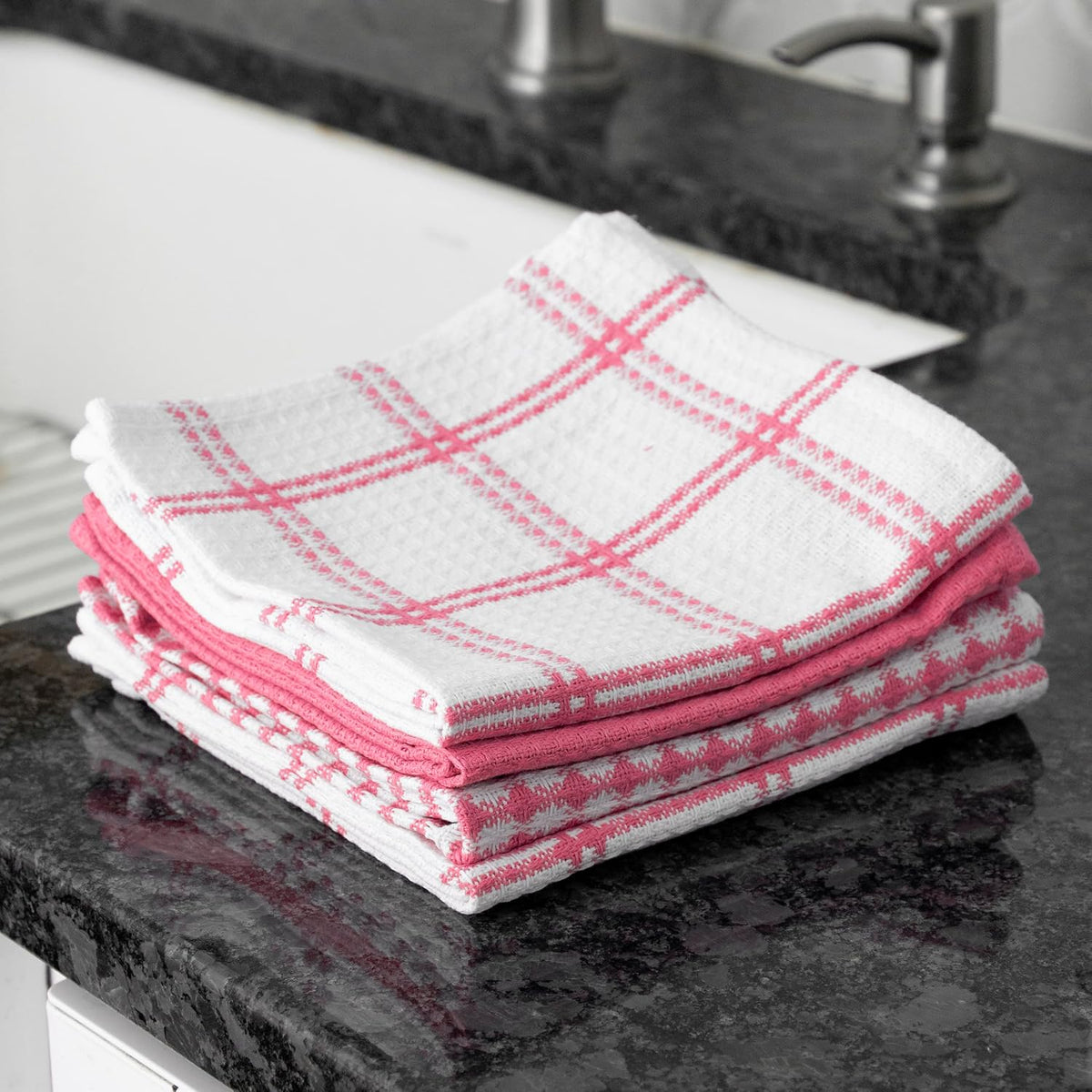T-Fal Premium Waffle Dish Cloths: Highly Absorbent, Super Soft Long Lasting - 100% Cotton, 12"x13" Towel for Cleaning & Drying, (4-Pack), Pink