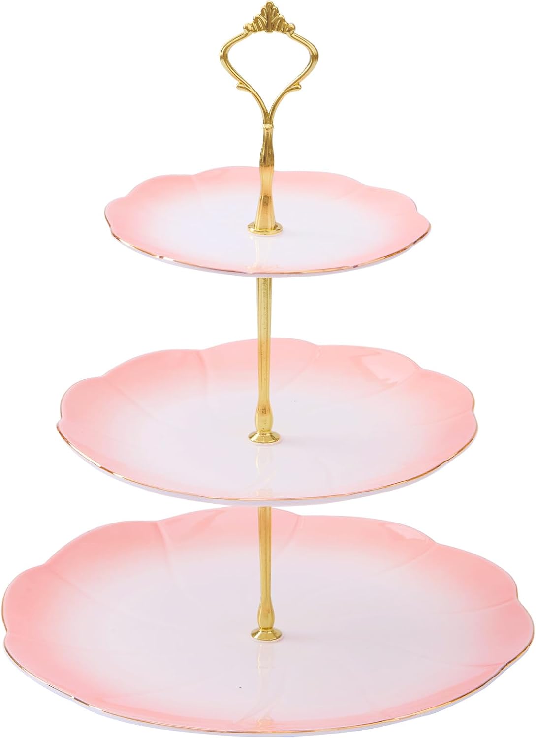 Luxury Larger 3-Tier Cupcake Stand Tower, British Style Porcelain Serving Tray with Golden Trim, Food Grade Dessert Display Stand for Tea Party & Home Décor - 45% Gradient Pink Larger Plates
