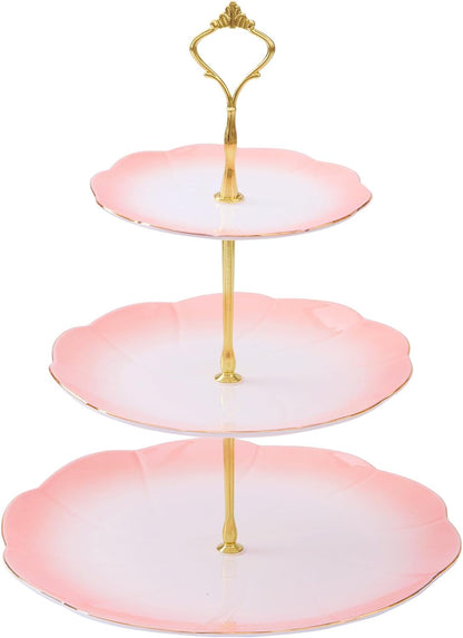 Luxury Larger 3-Tier Cupcake Stand Tower, British Style Porcelain Serving Tray with Golden Trim, Food Grade Dessert Display Stand for Tea Party & Home Décor - 45% Gradient Pink Larger Plates
