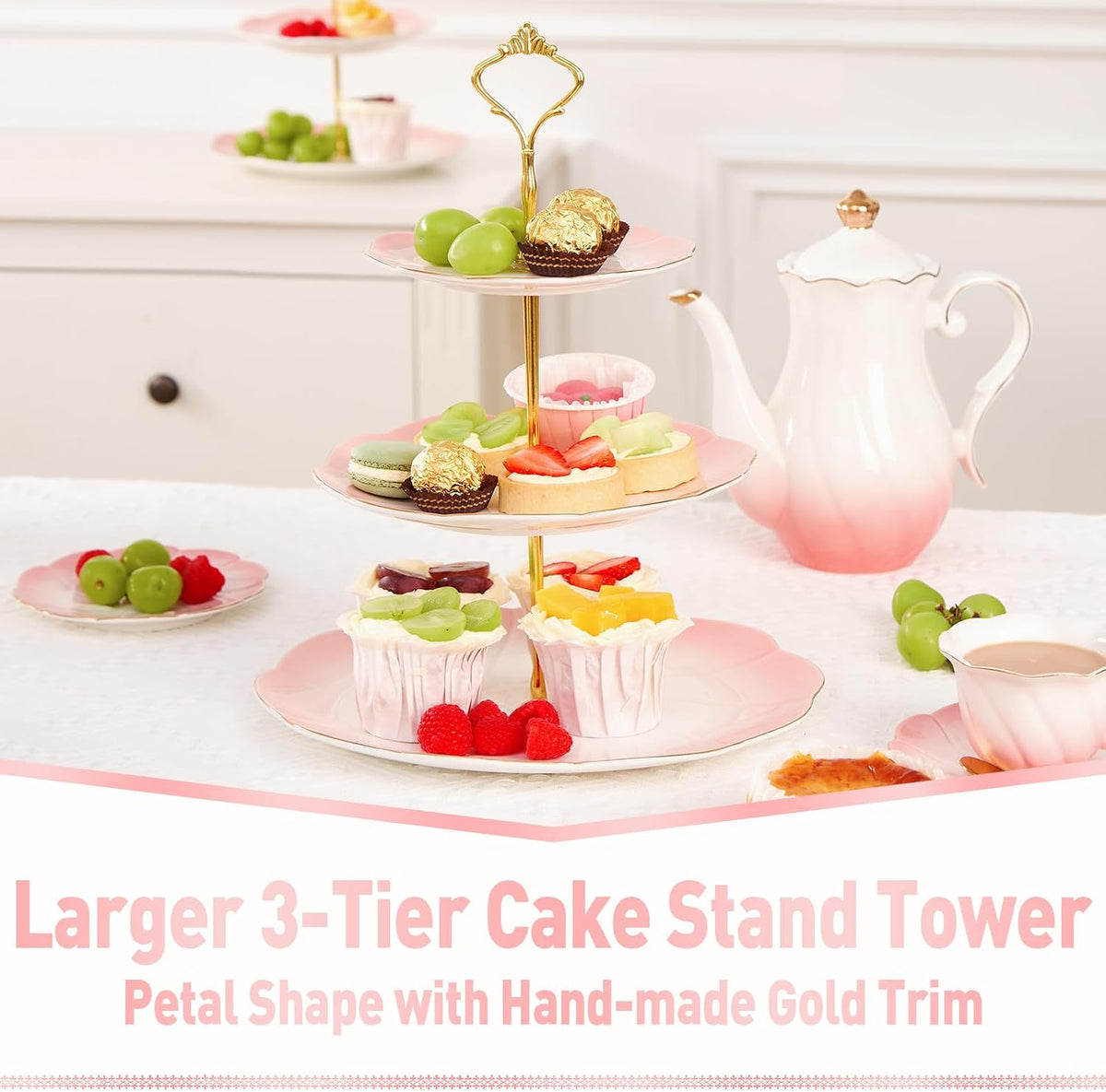 Luxury Larger 3-Tier Cupcake Stand Tower, British Style Porcelain Serving Tray with Golden Trim, Food Grade Dessert Display Stand for Tea Party & Home Décor - 45% Gradient Pink Larger Plates
