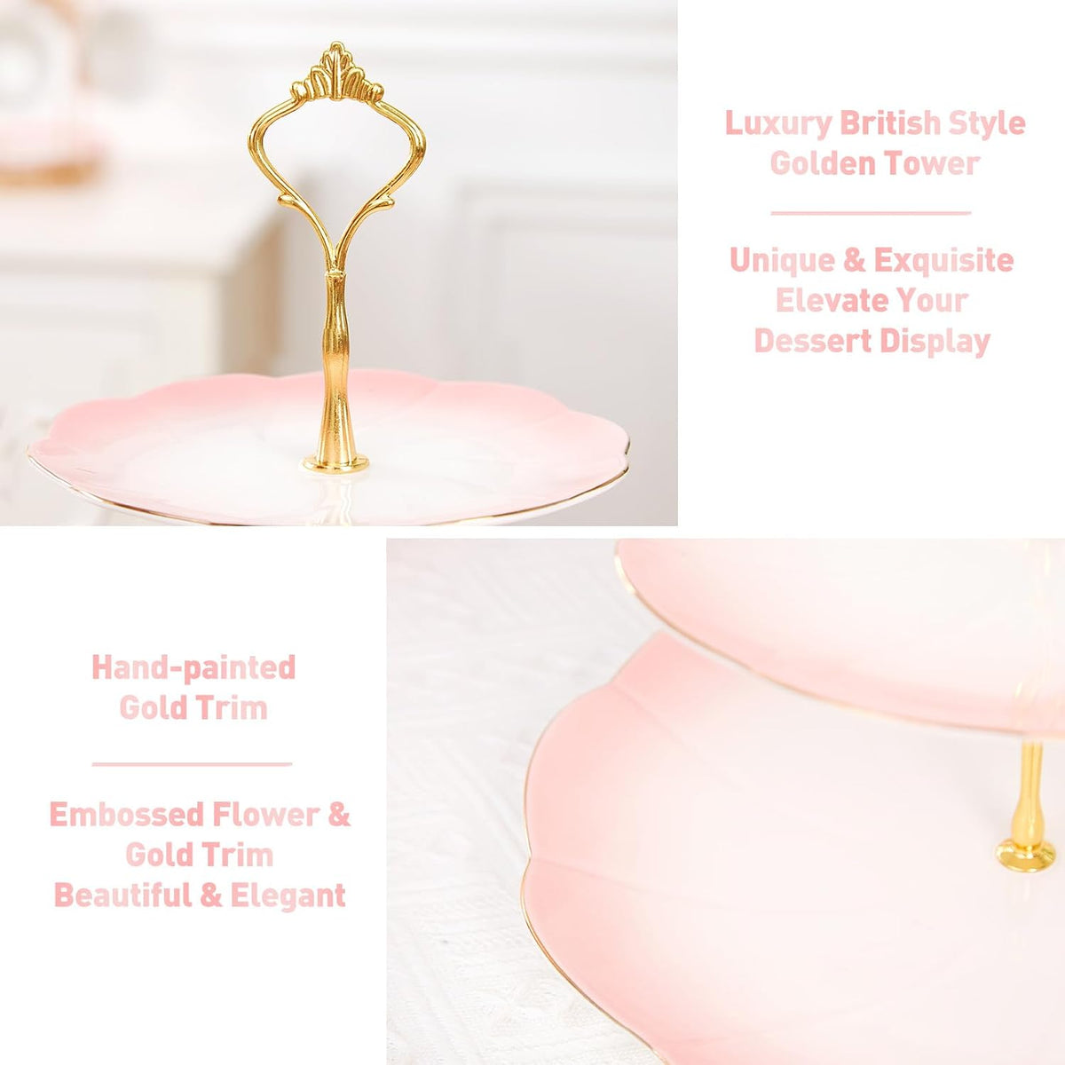Luxury Larger 3-Tier Cupcake Stand Tower, British Style Porcelain Serving Tray with Golden Trim, Food Grade Dessert Display Stand for Tea Party & Home Décor - 45% Gradient Pink Larger Plates