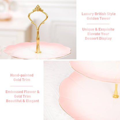 Luxury Larger 3-Tier Cupcake Stand Tower, British Style Porcelain Serving Tray with Golden Trim, Food Grade Dessert Display Stand for Tea Party & Home Décor - 45% Gradient Pink Larger Plates