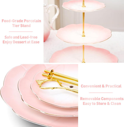 Luxury Larger 3-Tier Cupcake Stand Tower, British Style Porcelain Serving Tray with Golden Trim, Food Grade Dessert Display Stand for Tea Party & Home Décor - 45% Gradient Pink Larger Plates