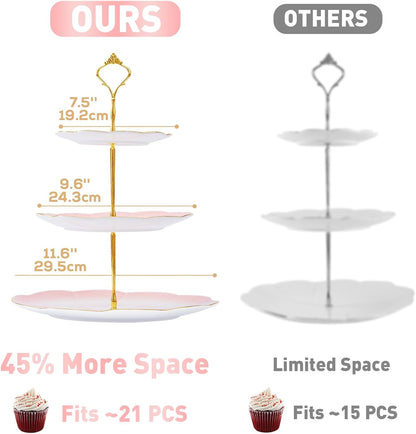 Luxury Larger 3-Tier Cupcake Stand Tower, British Style Porcelain Serving Tray with Golden Trim, Food Grade Dessert Display Stand for Tea Party & Home Décor - 45% Gradient Pink Larger Plates