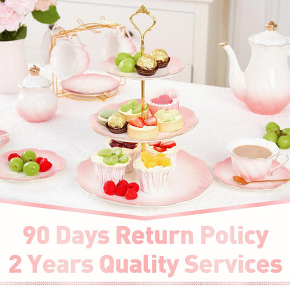Luxury Larger 3-Tier Cupcake Stand Tower, British Style Porcelain Serving Tray with Golden Trim, Food Grade Dessert Display Stand for Tea Party & Home Décor - 45% Gradient Pink Larger Plates