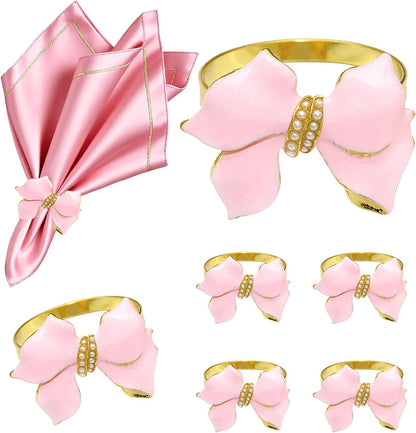 Bow Napkin Rings Set of 6 Pink Butterfly Knot Napkin Holders for Christmas Party Wedding Brithday Decor,Elegant Bowknot Napkin Buckles for Anniversary Bridal Shower Dinner Table Setting
