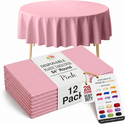 12-Pack Premium Plastic Tablecloth 84in. Round Table Cover - Pink