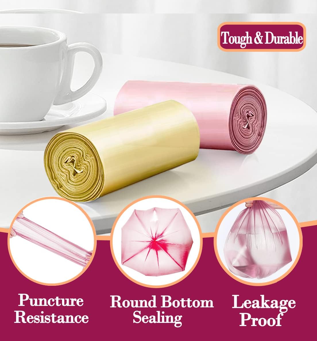 4 Gallon 180pcs Small Pink Trash Bags Strong Garbage Bags, Bathroom Trash Can Bin Liners, Plastic Bags for Home Bedroom Office, Waste Basket Liner, Fit 12-15 Liter, 3.5,4,4.5 Gal（Pink 180）