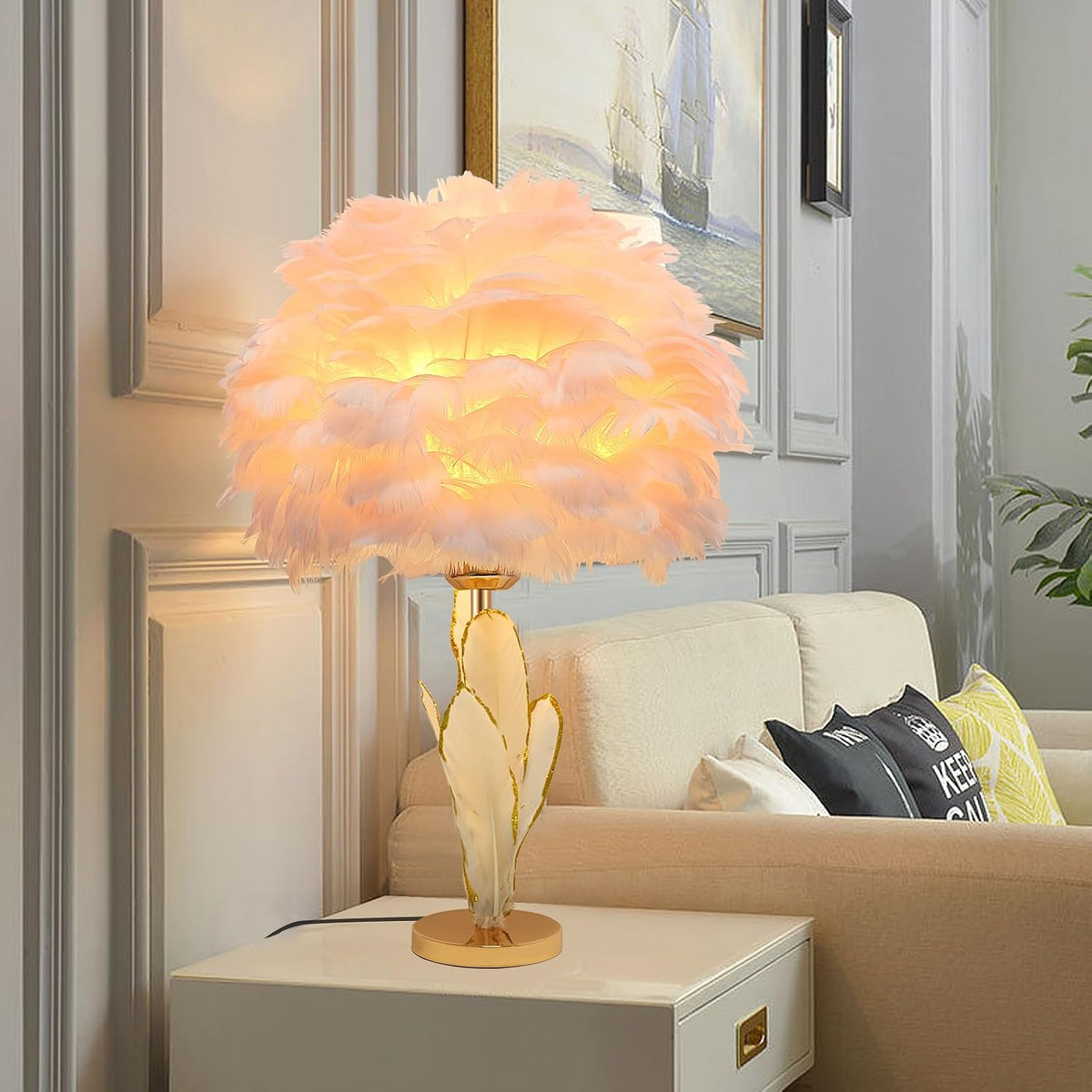 Pink Feather Lamp Goose Furry Table Lamp Princess Modern Fluffy Pink Desk Lamp Romantic Bedside Nightstand Light for Girl Bedroom Wedding Decor Living Room Entryway Christmas Gift