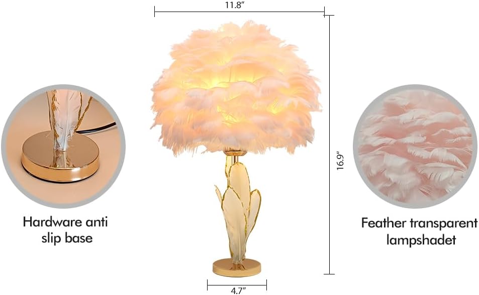 Pink Feather Lamp Goose Furry Table Lamp Princess Modern Fluffy Pink Desk Lamp Romantic Bedside Nightstand Light for Girl Bedroom Wedding Decor Living Room Entryway Christmas Gift