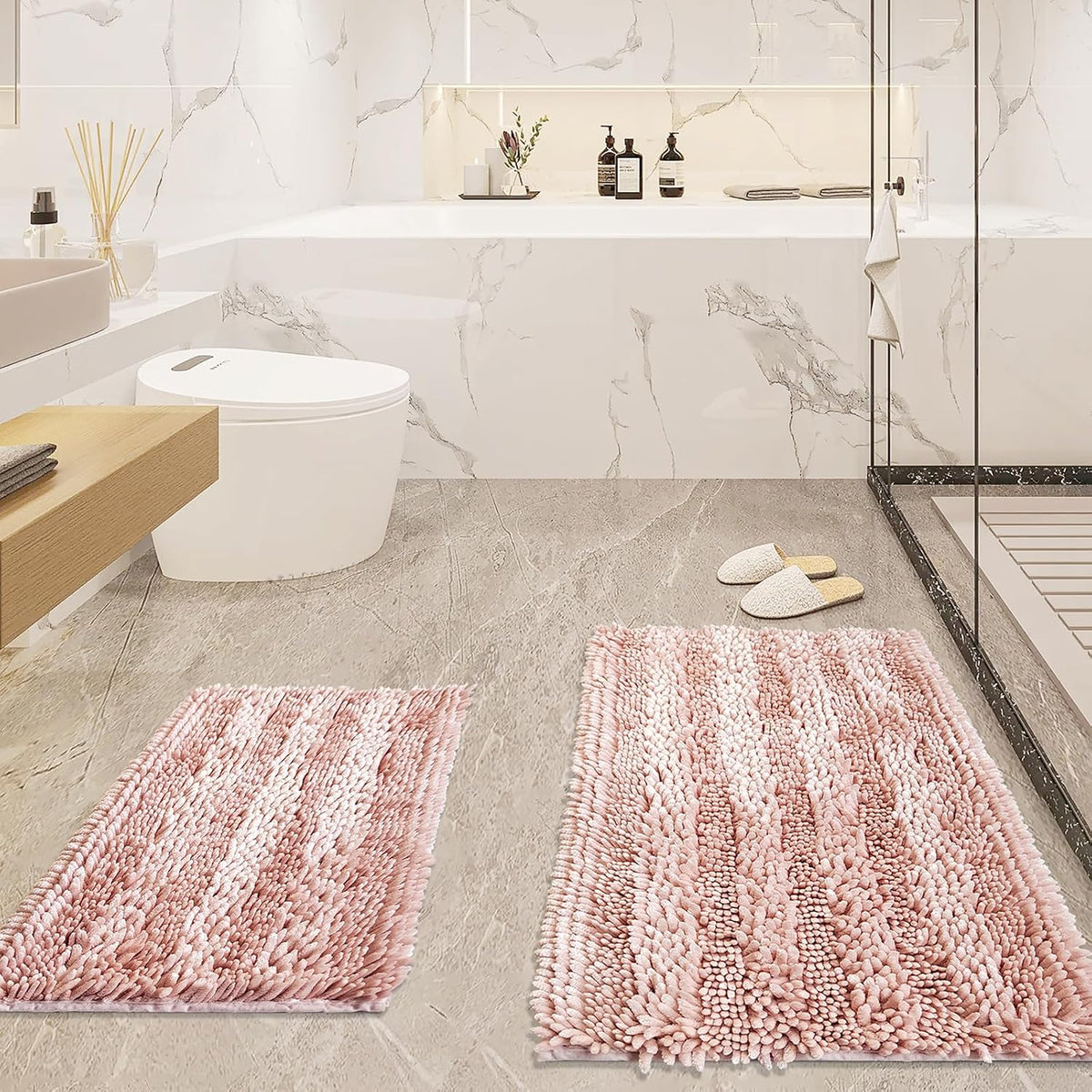 Light Pink Bathroom Rugs Sets 2 Piece, Extra Soft and Absorbent Chenille Bath Mats, Machine Washable Mat, Cute Bath Rug for Bathroom, Non Slip Shower Floor Mat, 16x24 and 20x32 Inches