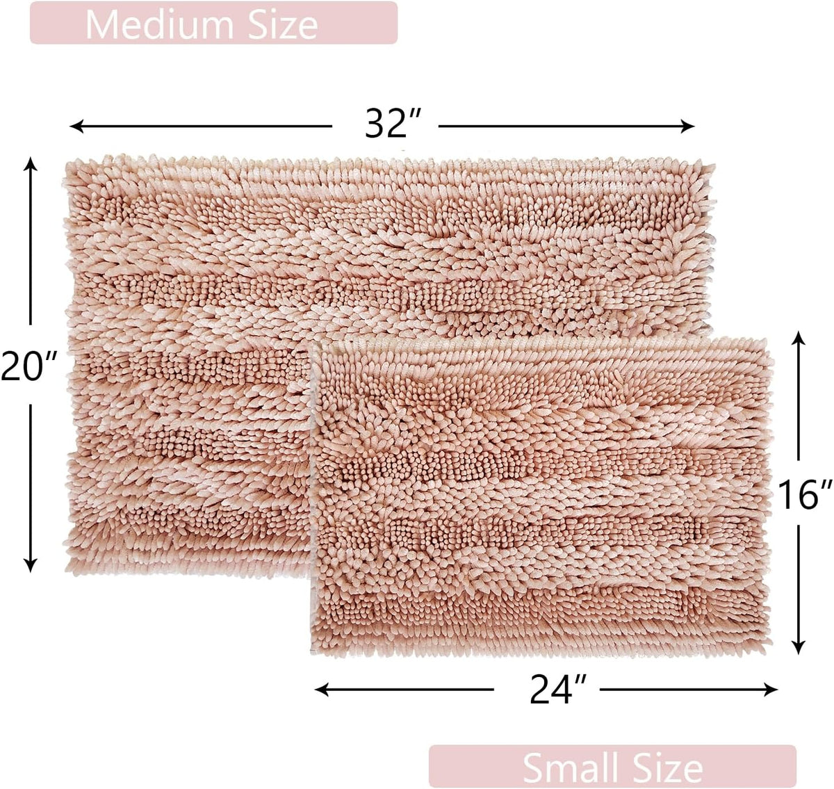 Light Pink Bathroom Rugs Sets 2 Piece, Extra Soft and Absorbent Chenille Bath Mats, Machine Washable Mat, Cute Bath Rug for Bathroom, Non Slip Shower Floor Mat, 16x24 and 20x32 Inches