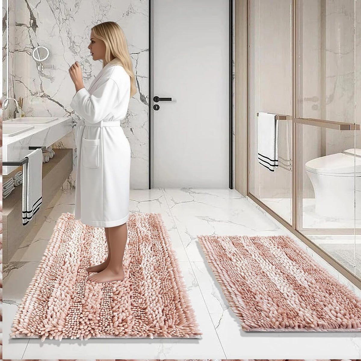 Light Pink Bathroom Rugs Sets 2 Piece, Extra Soft and Absorbent Chenille Bath Mats, Machine Washable Mat, Cute Bath Rug for Bathroom, Non Slip Shower Floor Mat, 16x24 and 20x32 Inches