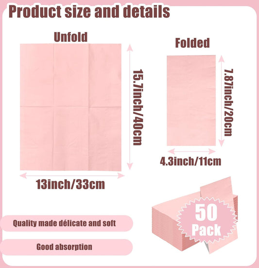 50 Pieces 3-ply Light Pink Paper Napkins 13 x 15.7 Inches Guest Towels Disposable Bathroom Paper Hand Towels for Bathroom Kitchen Wedding Birthday Party Disposable Napkins