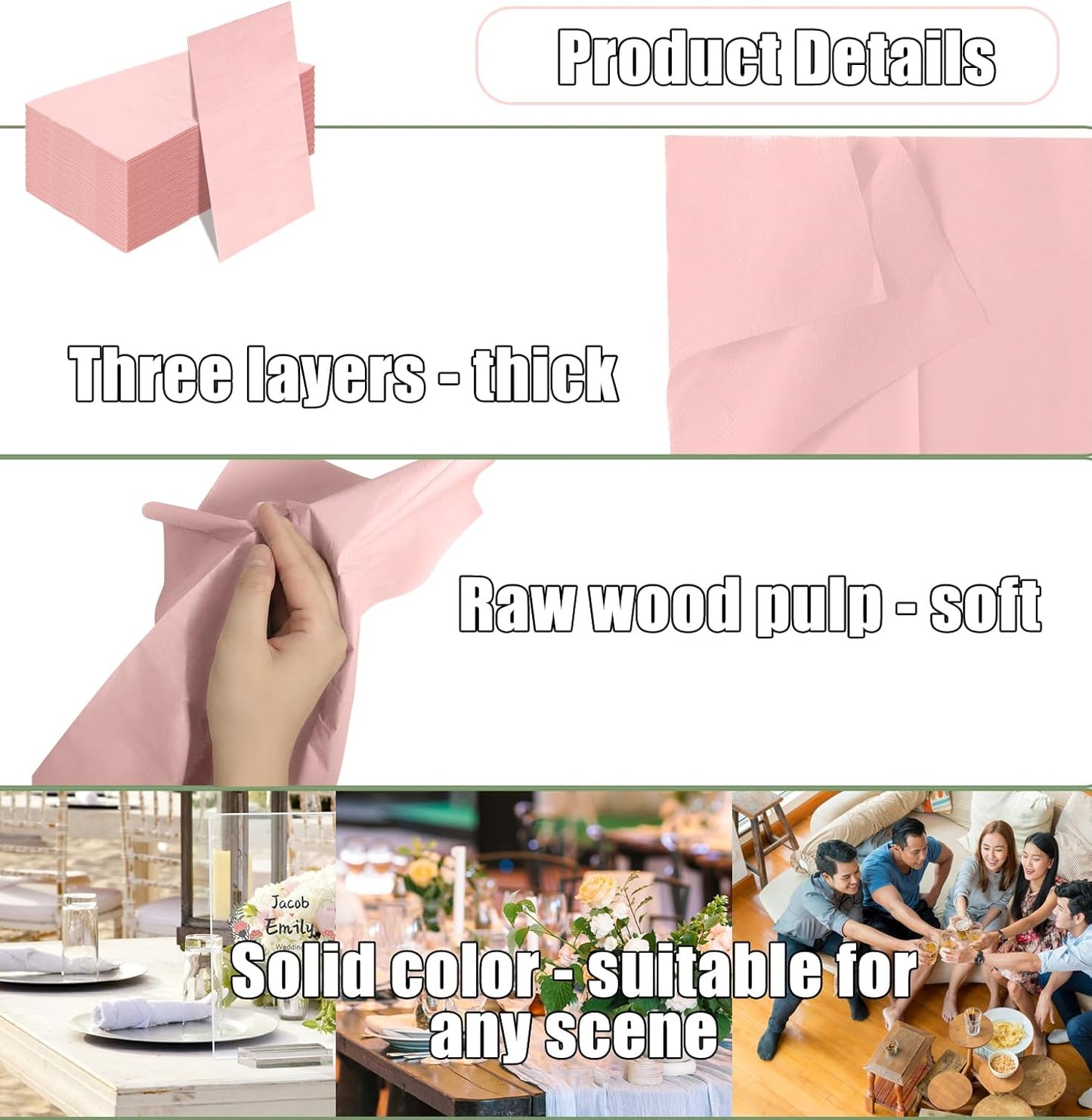 50 Pieces 3-ply Light Pink Paper Napkins 13 x 15.7 Inches Guest Towels Disposable Bathroom Paper Hand Towels for Bathroom Kitchen Wedding Birthday Party Disposable Napkins