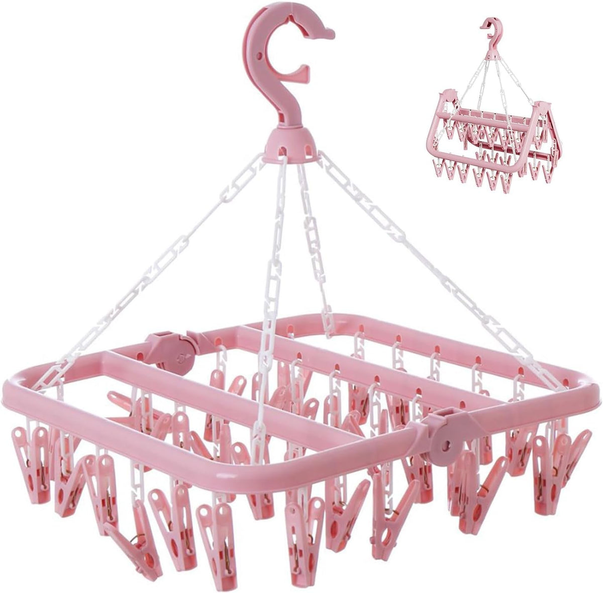 Laundry Drying Rack with 32 Clips, Foldable, Light Pink