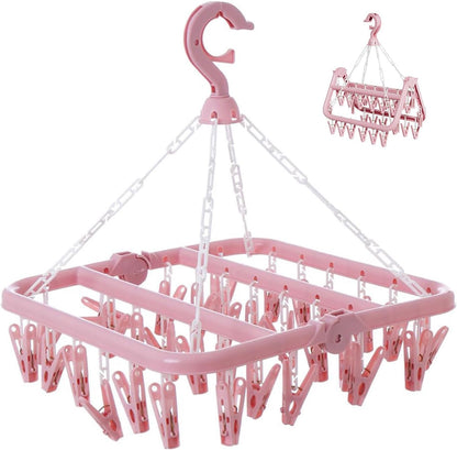 Laundry Drying Rack with 32 Clips, Foldable, Light Pink